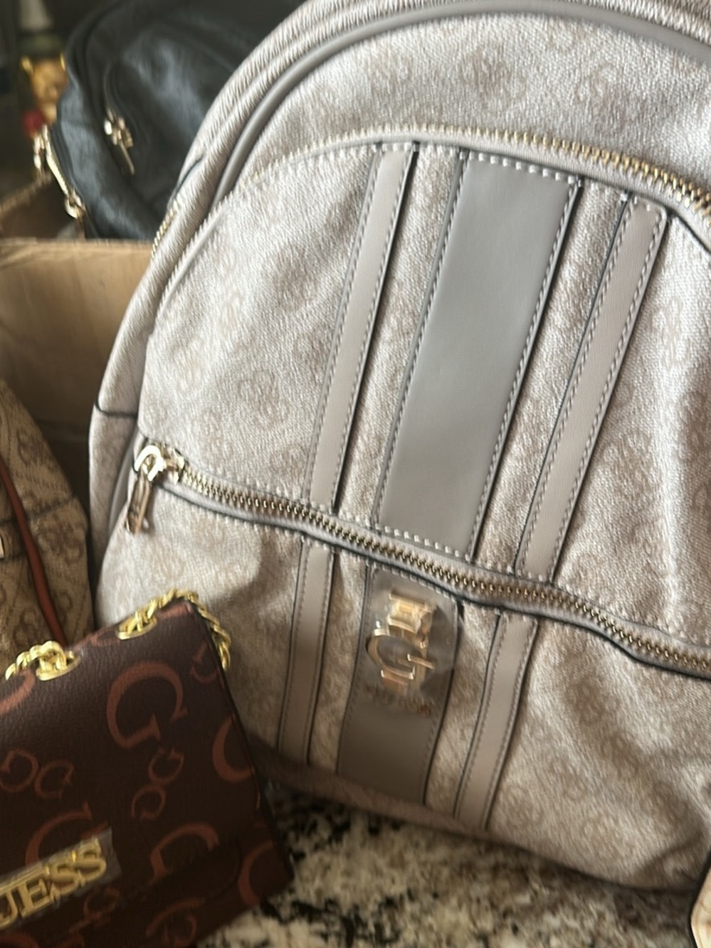 Neutral Gray Designer-Inspired Backpack with Gold Hardware